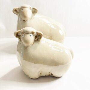 Set of 2 Ceramic Sheep - Glazed, 2 Different Sizes - Home Accents